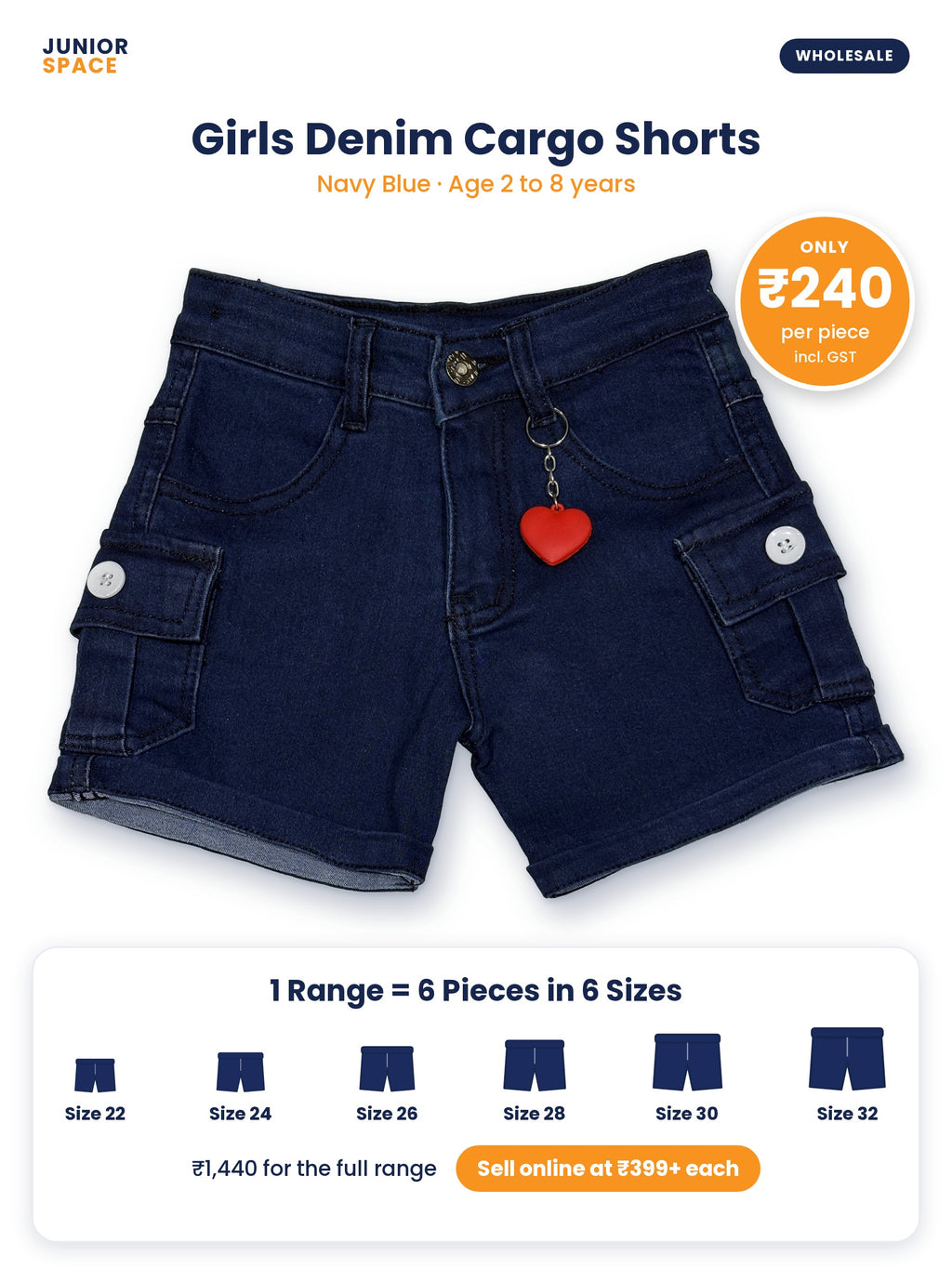 Girls Denim Cargo Shorts Navy Blue – ₹240 per piece, 1 range = 6 pieces