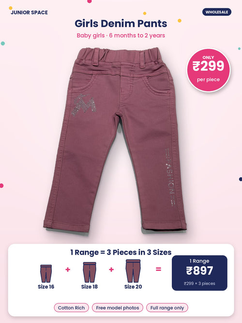 Girls denim pants dusty pink – ₹299 per piece, 1 range = 3 pieces in sizes 16, 18, 20 for ₹897