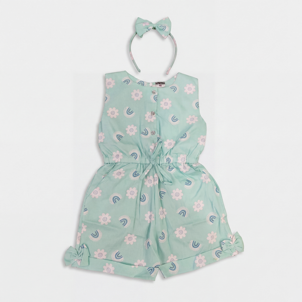 Children's mint green romper with floral pattern and matching headband on a light gray background