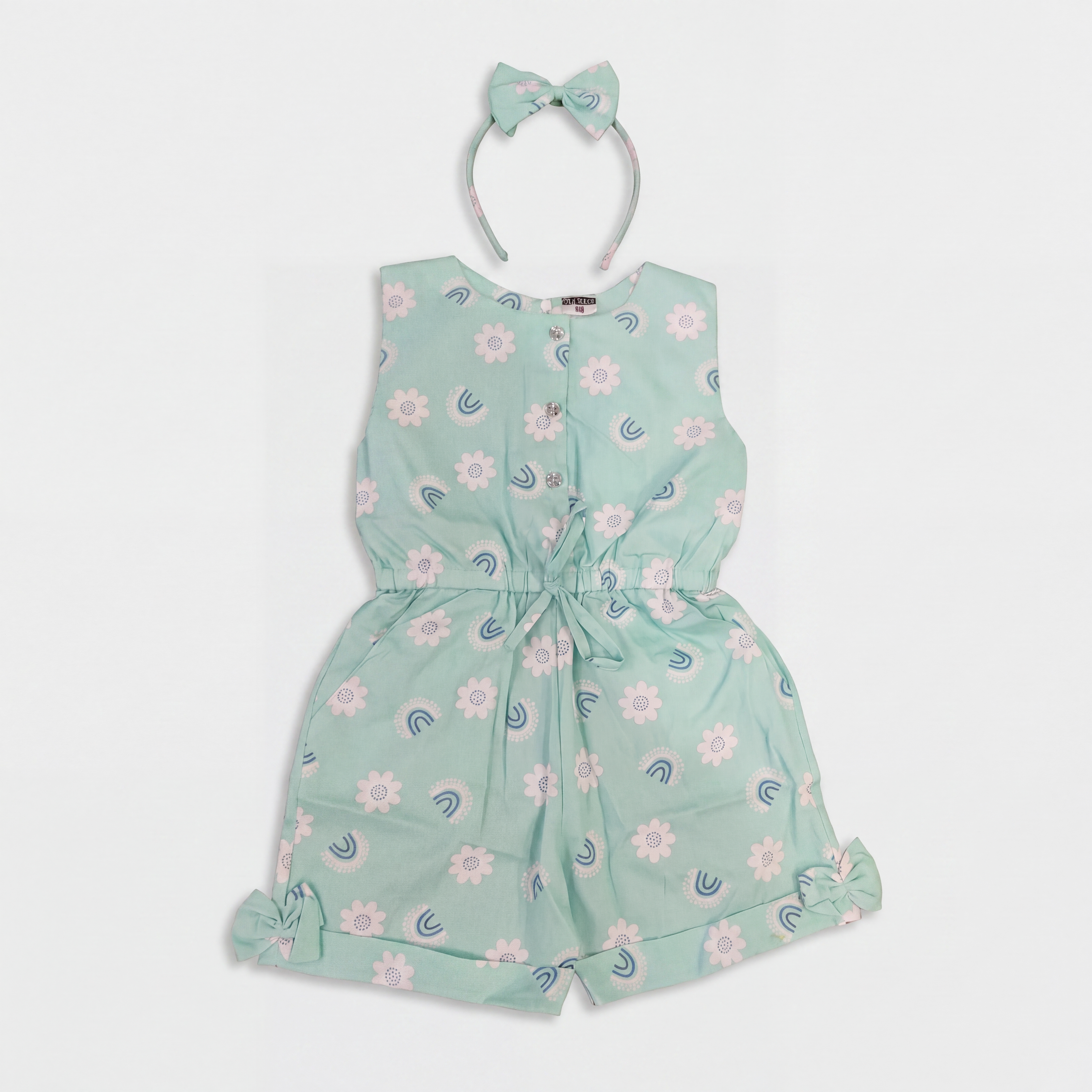 Children's mint green romper with floral pattern and matching headband on a light gray background