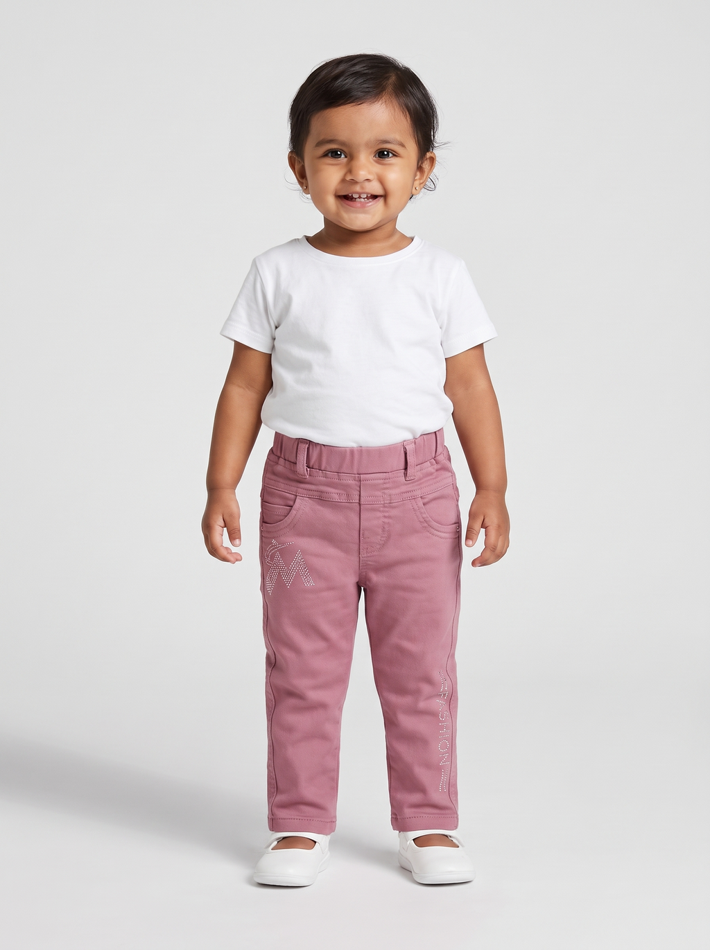 Front view of dusty pink cotton denim pants for baby girls